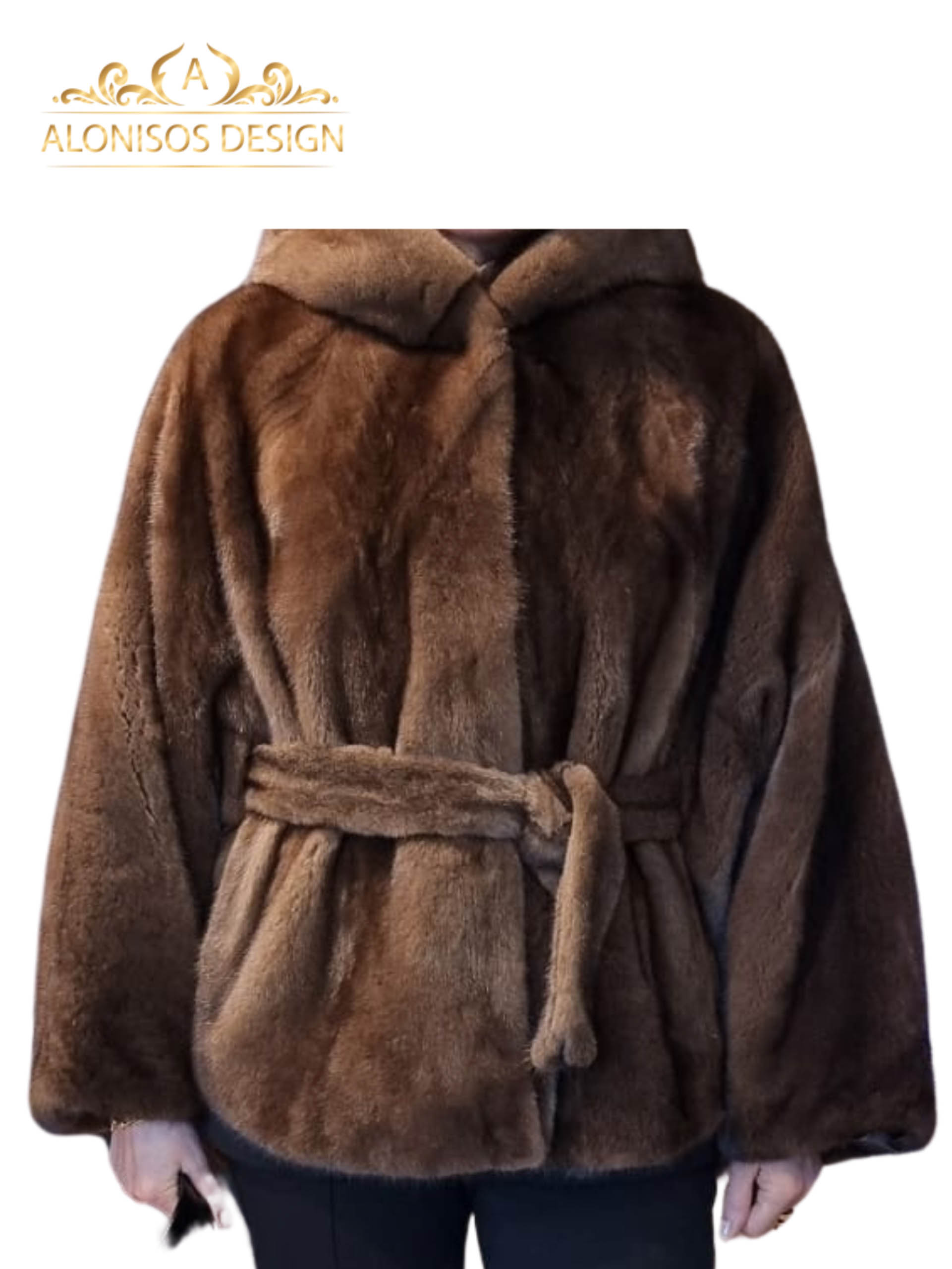 Capă din blană naturală din vizon, culoare demi – baf, cu glugă