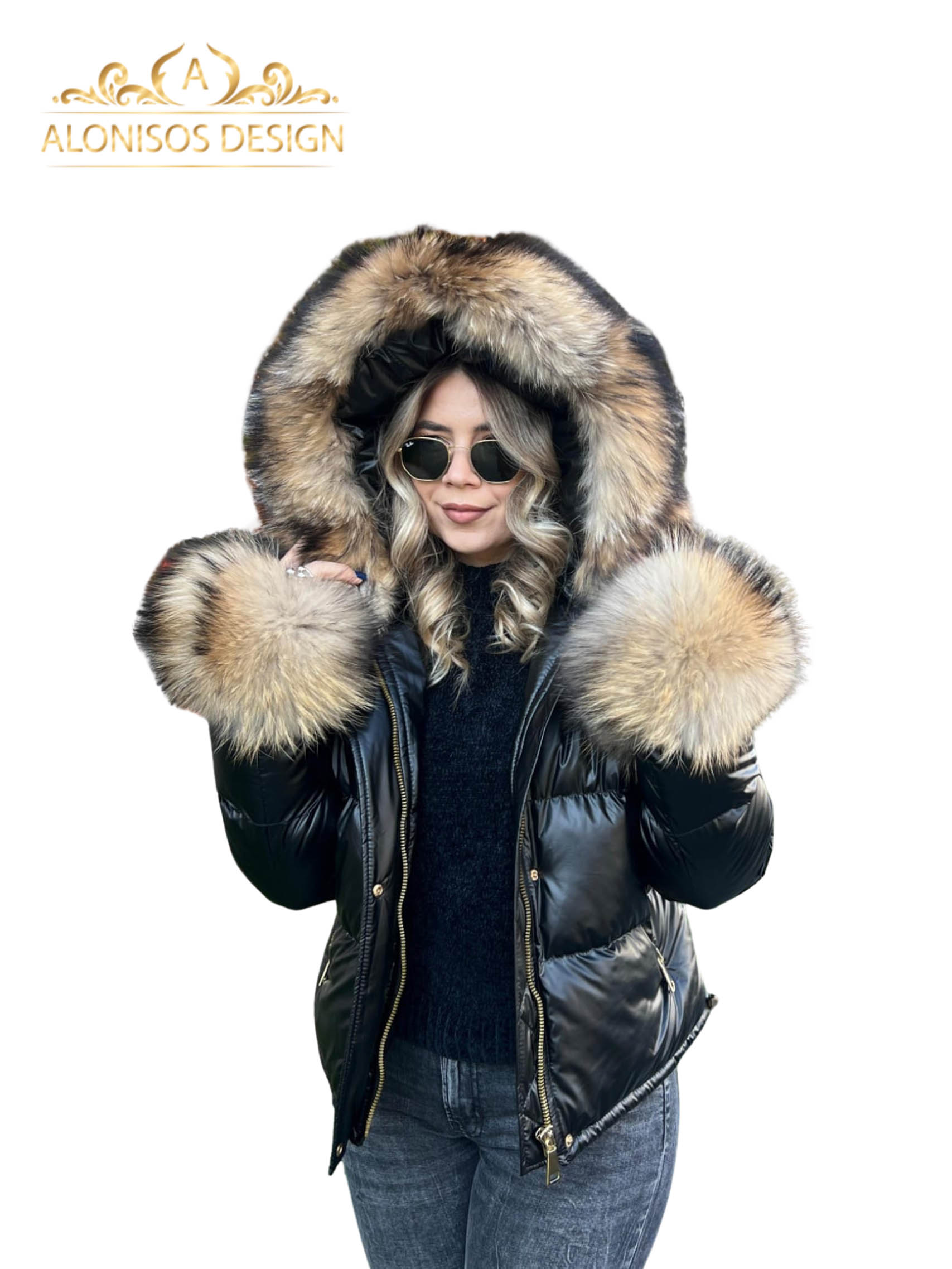 Geaca din fâș neagră cu guler și manșete de vulpe gold