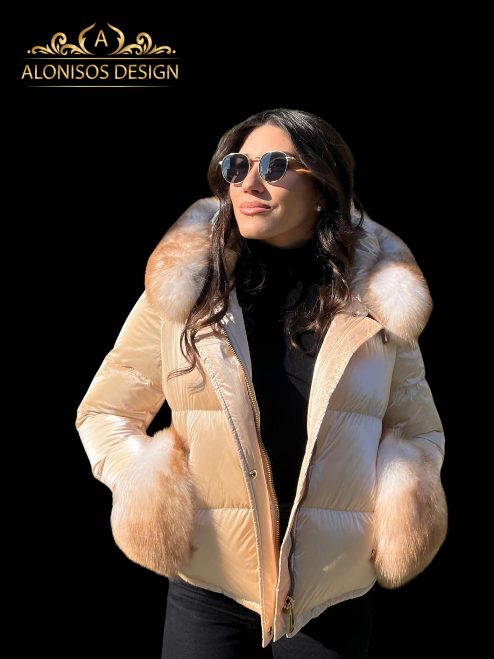 Geaca din fâș aurie cu guler și manșete de vulpe gold