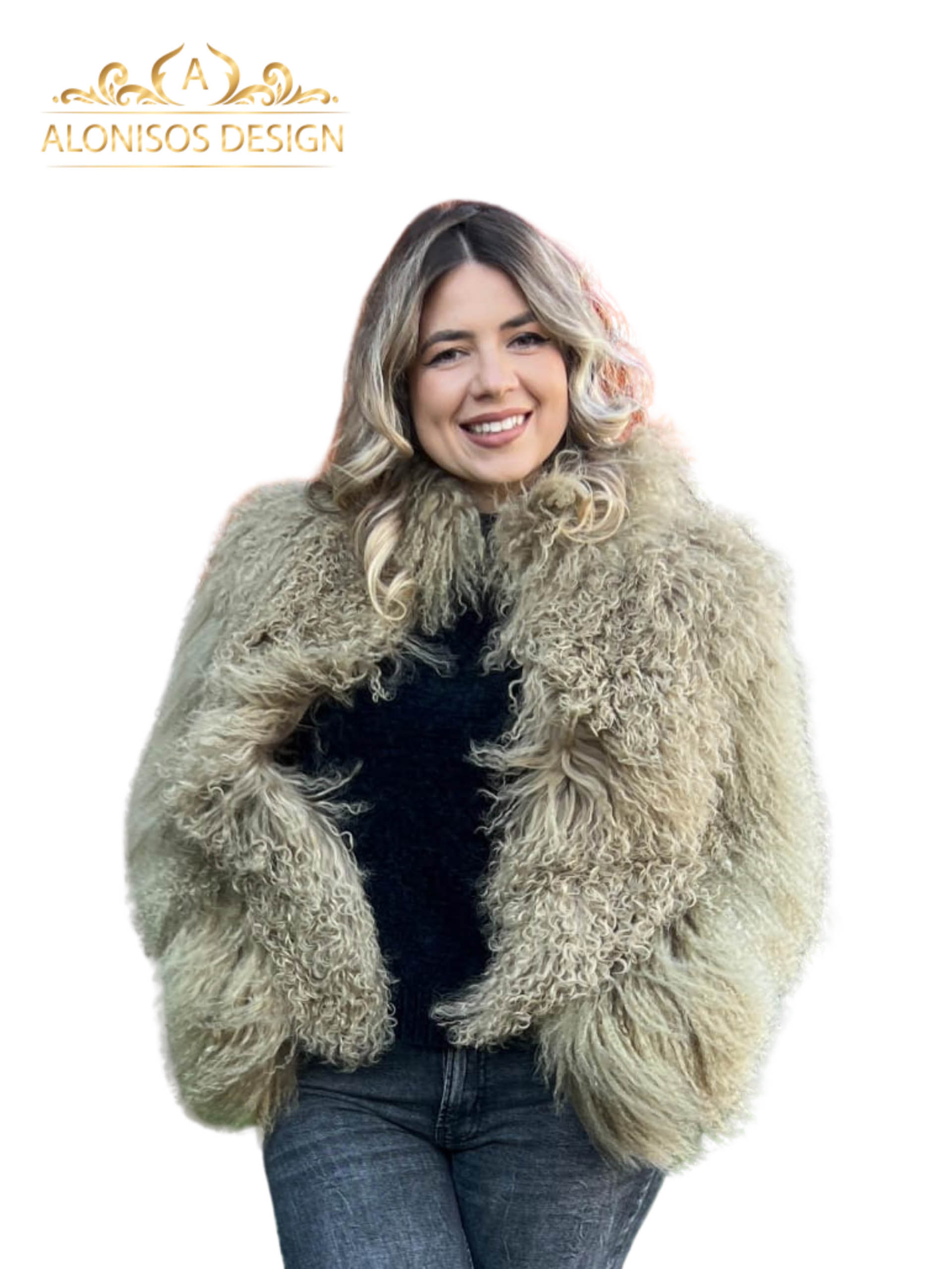 Haină de blană naturală , din miel tibetan , culoare maro-cenușiu