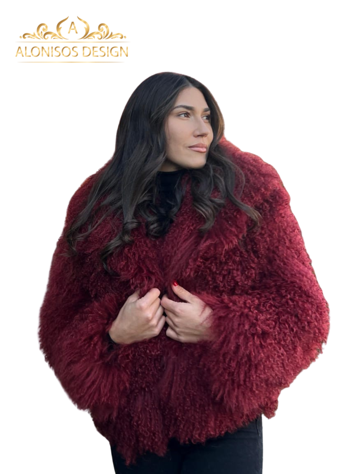 Haină de blană naturală , din miel tibetan , culoare bordo