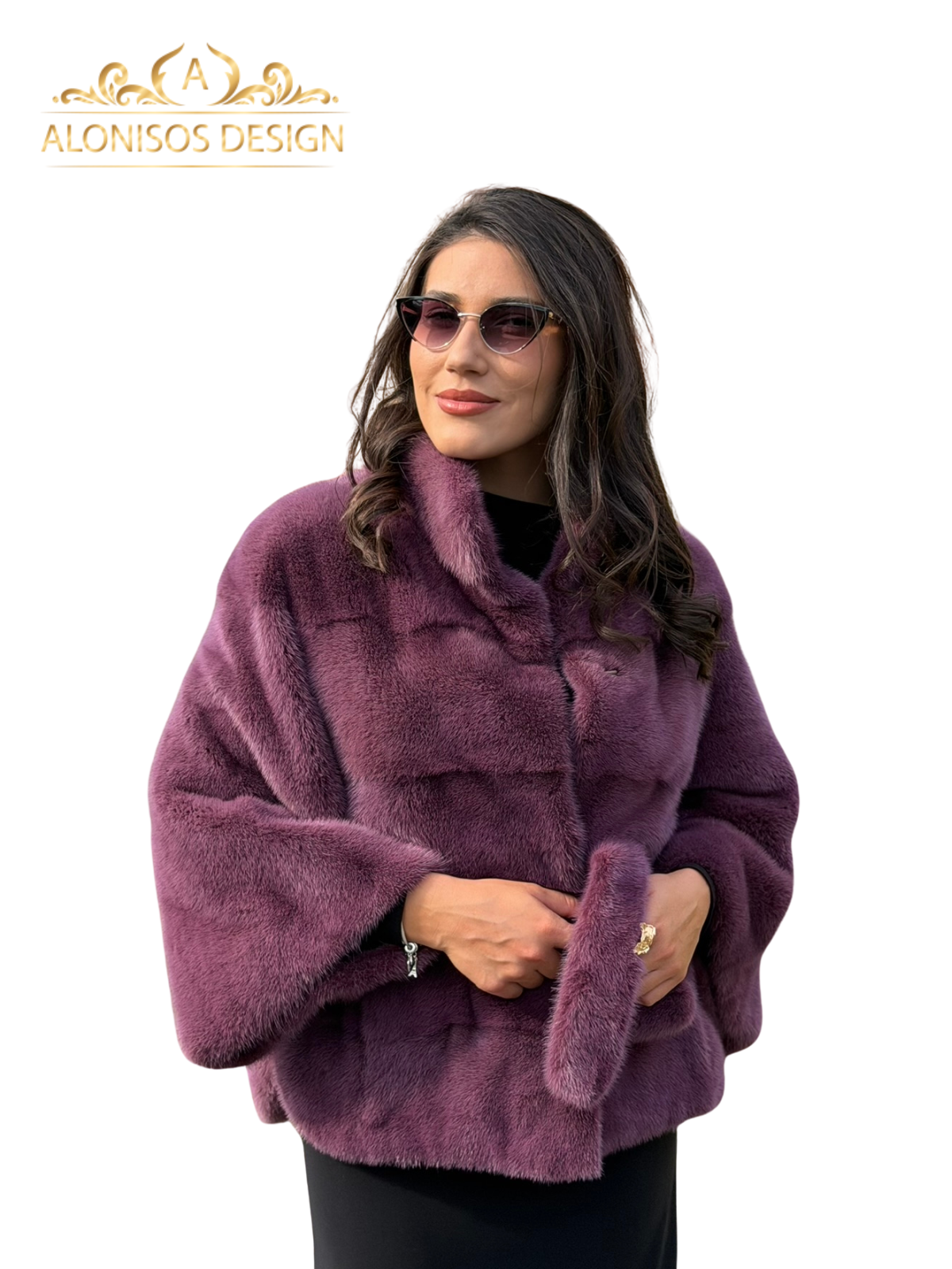 Poncho din blana naturala din vizon , culoare Burgundy