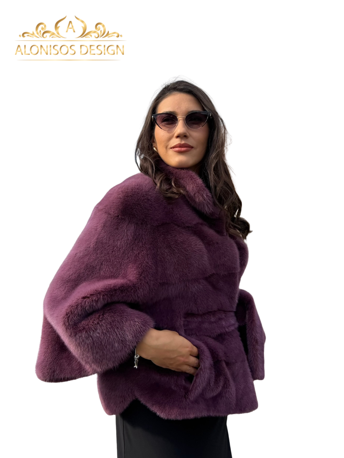 Poncho din blana naturala din vizon , culoare Burgundy - imagine 3