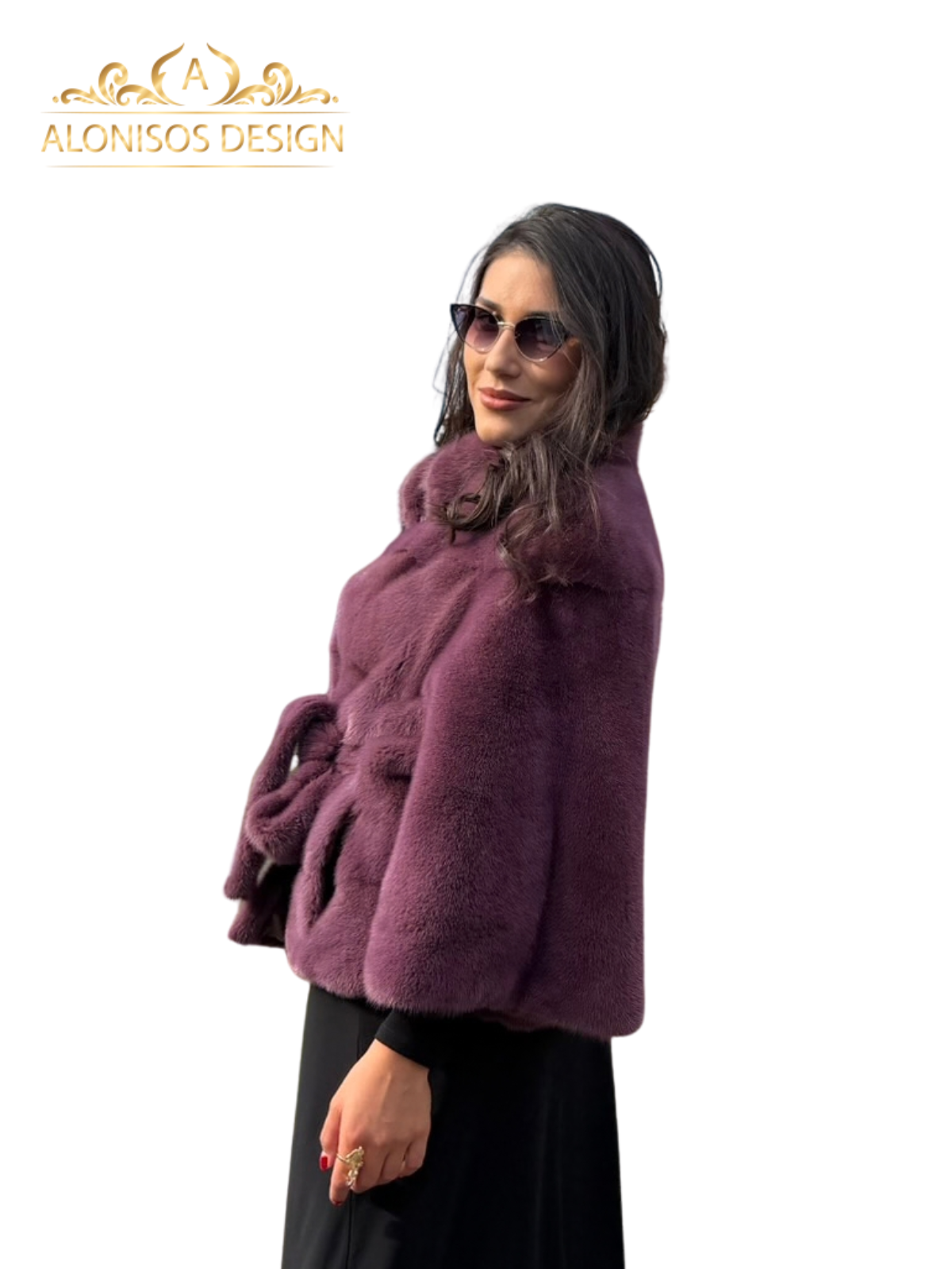 Poncho din blana naturala din vizon , culoare Burgundy - imagine 4